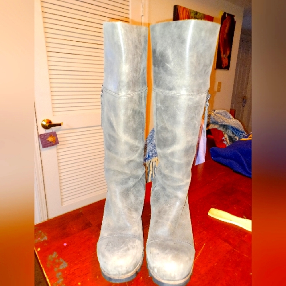 Leather Sorel Addington Tall Boot Stacked Heel 7.5 Grey